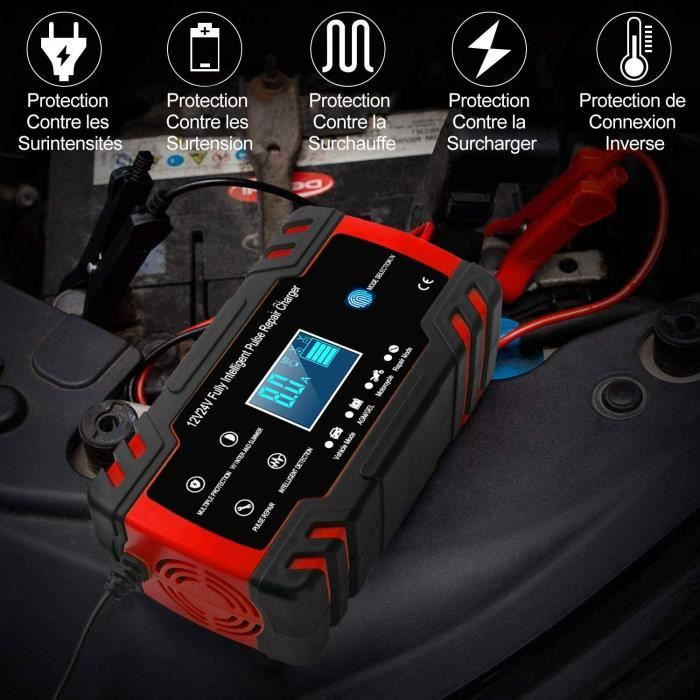 Chargeur de Batterie Intelligent 12V/24V 8A, Chargeur Batterie Mainteneur  et Automatique Réparation Fonction Portable - Cdiscount Auto