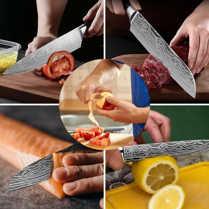 RAXCO Bloc à couteaux de cuisine professionnel - Set de 18 pièces avec 7  ustensiles de cuisine en silicone - 5 couteaux de cuisine en acier  inoxydable avec ciseaux - Planche à