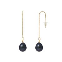 PERLINEA - Boucles d'Oreilles - Véritables Perles de Culture d'Eau Douce Noires Poires 8-9 mm - Or Jaune - Bijoux Femme
