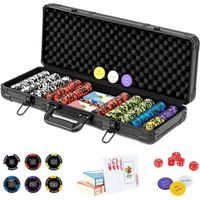 DREAMADE Mallette de Poker Verrouillable avec 300 Jetons avec Autocollant Laser, Bouton de Donneur, 2 Jeux de Cartes, 5 Dés et Mallette de Poker en Aluminium (Argent