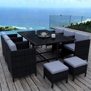 Ensemble table et chaise de jardin MUNGA 10 Places - Ensemble encastrable salon / table de jardin résine tressée - Noir/Gris
