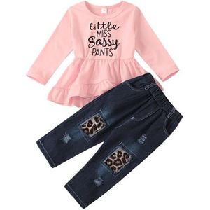 Ensemble de vêtements AmzBarley Fille Ensemble de Vêtements Manches Longues Tops à Volants + Pantalon en Jean imprimé léopard Déchiré Enfants Tenues Set