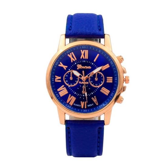 Montre Femme élégante – Bracelet Cuir, Chiffres Romains, Quartz, Ton Or Blanc