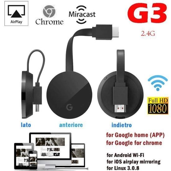 Google Chromecast 3 Numérique 1080p HDMI Multimédia Vidéo TV Streamer WiFi Ethernet 2018 Charbon de bois 5G+2.4G