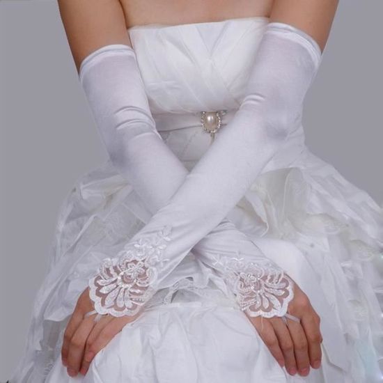 Blanc - Gants en Satin Blanc pour Femme, Robe de Soirée, Doigt