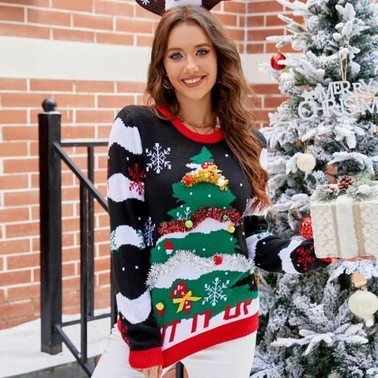 Pull De Noël Femme Drôle - Motifs Festifs, Col Rond, Manches Longues, Confortable Pour Les Fêtes