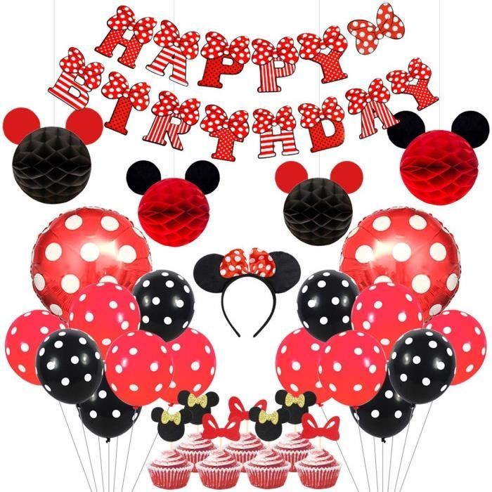Kreatwow Mickey et Minnie Party Supplies Oreilles Rouge et Noir Bandeau Joyeux Anniversaire Bannière Polka Dot Ballons Ensem 2199