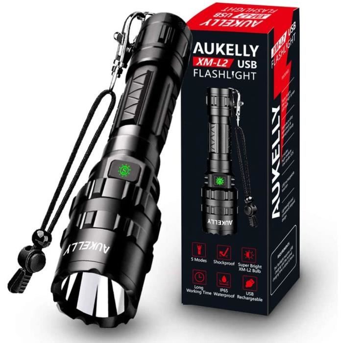 Aukelly Lampe de Poche LED Lampe Torche XML-L2 Rechargeable Lampe Torche LED Puissante Lampe Poche 1000 Lumen Torche USB Lampe de Po