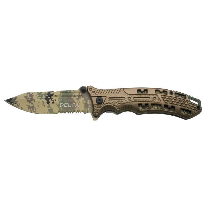 Couteau assisté Delta K2797BNGS , manche en aluminium noir avec trous, lame en acier inoxydable de 10.5 cm avec scie, lame et