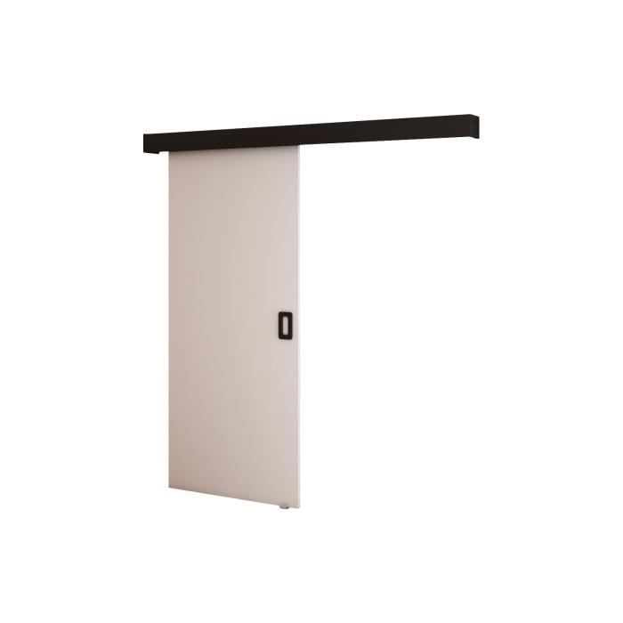 Ensemble Porte coulissante interieur avec rail MAY I - Blanc mat + Lunette noire mate + Poignée noire mate - 90x204cm