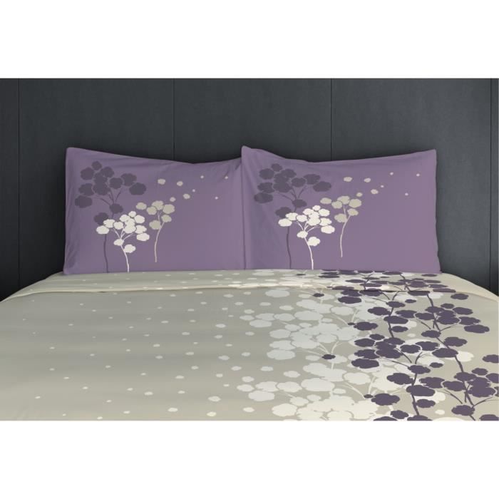 Parure de Draps 4 Pièces COCON - 100% Coton 57 Fils - 2 Personnes 240x300 cm - Beige Violet