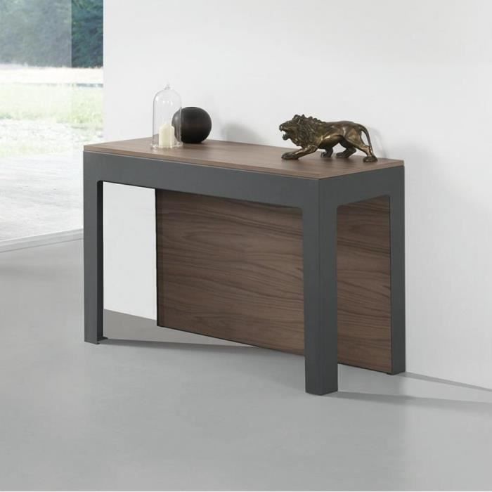 Table console extensible Design ODYSSE avec rallonges intégrées Noyer/Structure Gris Ardoise marron Bois Inside75