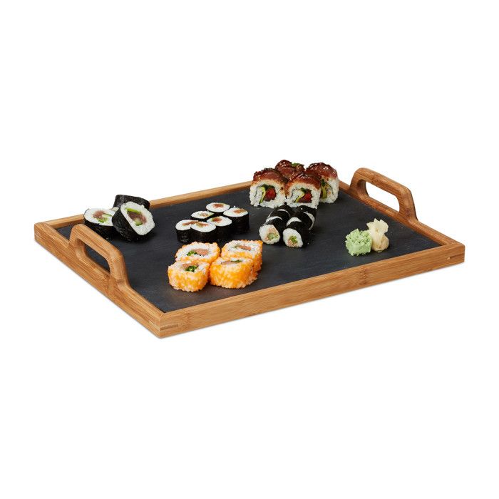 Relaxdays Plateau de service repas en bambou avec planche ardoise amovible 2 poignées cuisine HxlxP: 6 x 40,5 x 32 cm, nature