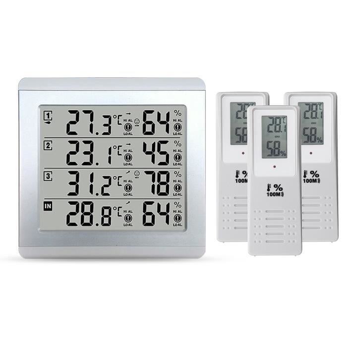 TEMPSA Thermo-hygromètre - Hygromètre à Thermomètre numérique LCD + 3 capteurs intérieur extérieur température alarme humidité
