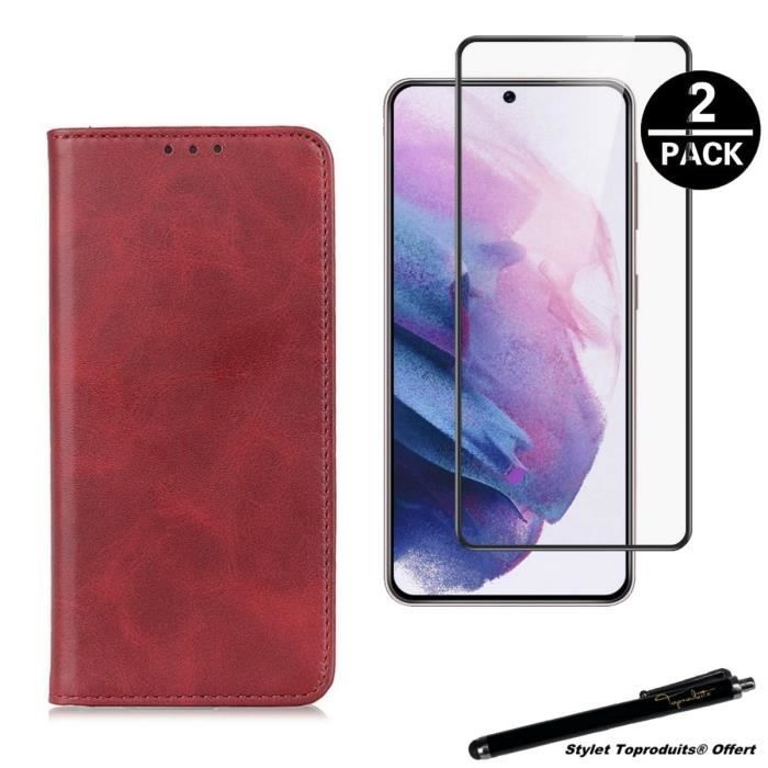 Etui portefeuille rouge pour Samsung Galaxy S21 Plus fermeture magnétique et 2 Verres trempés bords noirs avec Stylet Toproduits®