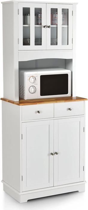 GOPLUS Buffet Haut Cuisine 170cm avec Espace Ouvert-Porte en Verre Trempé-Comptoir Bois dhévéa-Étagères Réglables Blanc