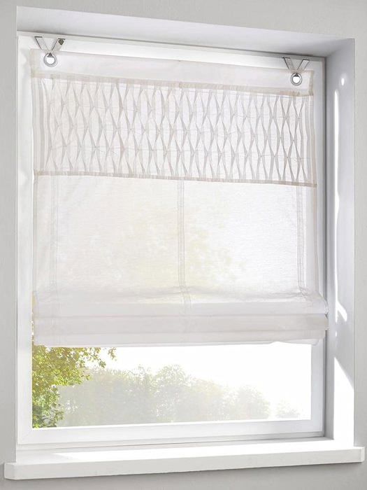 Store Bateau Coton Blanc Avec Broderie Couronne Grise - Style Shabby Vintage 60 X 140 Cm - Fixation Sans Percage