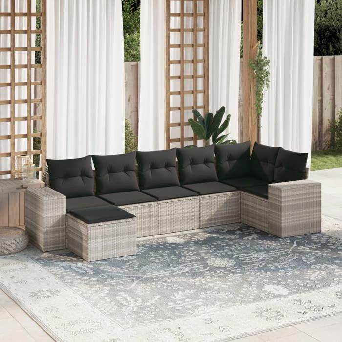 vidaXL Salon de Jardin avec Coussins 7 pcs Canapés de Terrasse Ensemble de Meubles de Patio Mobilier dExtérieur Gris 3255219