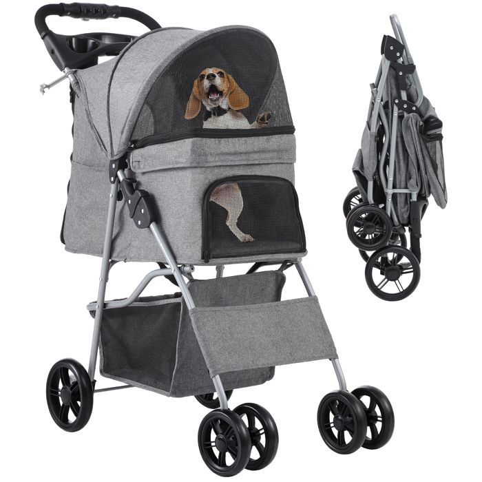 Meilleurs prix pour YITAHOME Poussette pour Chiens Petite et Moyenne Taille - 4 Roues avec Panier de Rangement - Pliable - avec Porte-Gobelet - Gris