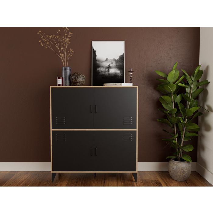 Tribeca - buffet haut - effet bois et métal noir - 2 portes - 100x112 cm - Bois / Noir Tribeca - buffet haut - effet bois et métal noir - 2 portes - 100x112 cm - Bois / Noir