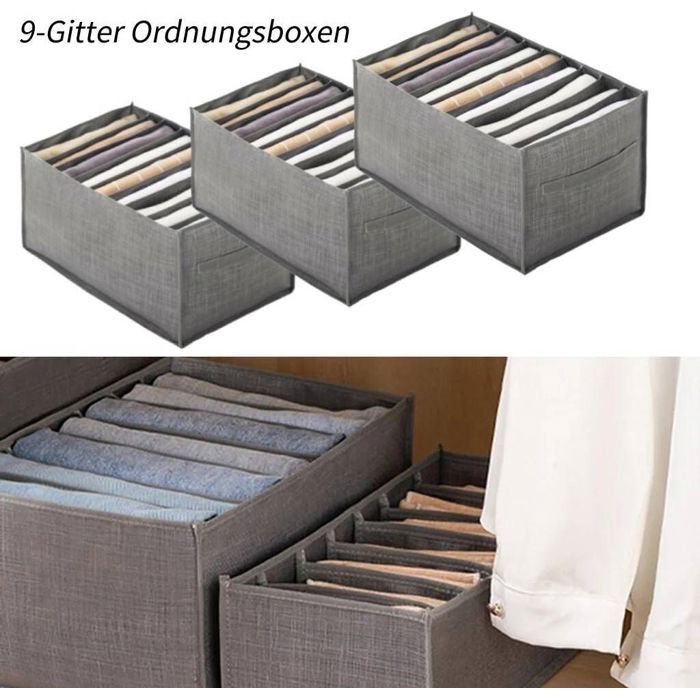 Set de 3 9 Grille Tiroirs-Organiseur Pliable Placard T-Shirt Jeans Leggings-Armoire 44x24x22cm de Rangement Gris