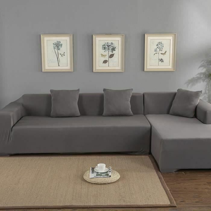 Housse De Canapé Extensible Forme L - Pour Canapé 4 Places (longueur 235-300 Cm) - Gris Foncé - 1 Pièce
