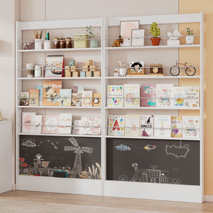Lot de 2 bibliothèques enfants - 200x10x180 cm - Étagères de rangement à 4 niveaux - Avec tableau noir - Blanc