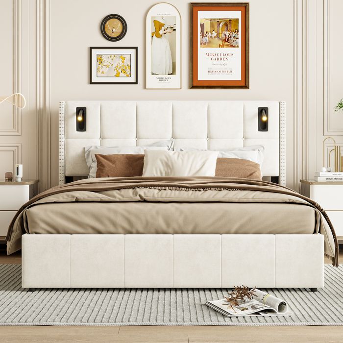 Lit 140x200 cmLit Double Hydraulique avec Lampe de Lecture et Sommier à LattesTissu en VeloursCadre de lit Adulte 140x200Beige