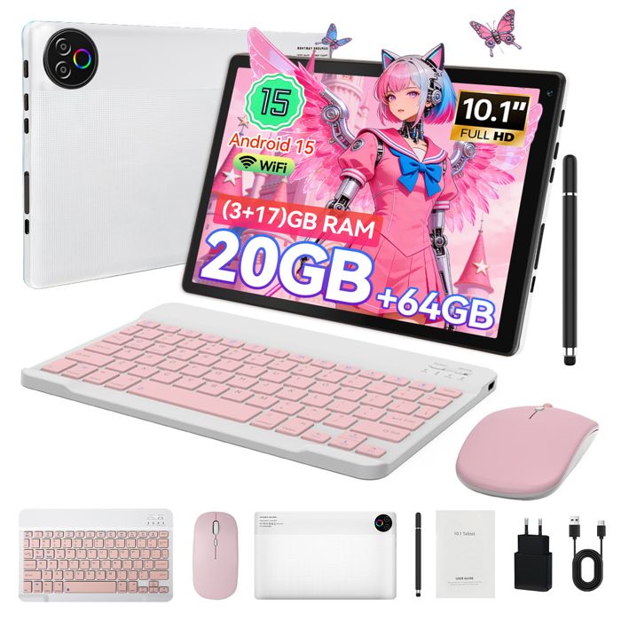 Tablette 10’’ Android 15 avec Clavier Souris et Stylet 5-Core 20(3+17)Go RAM 64 Go HD 1280x800 Double Caméra WiFi 6 Blanc
