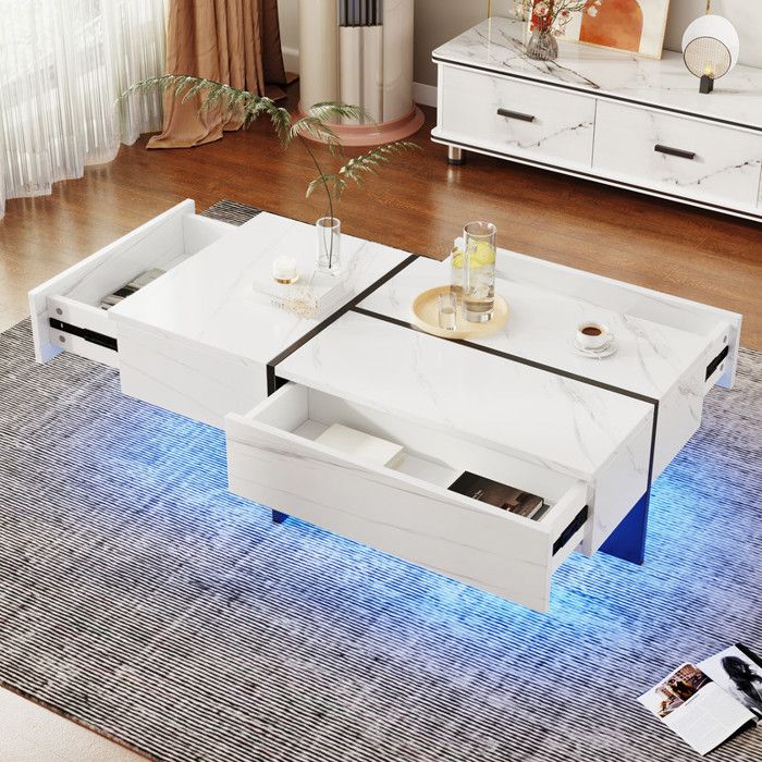 Table basse - Imitation marbre blanc - Éclairage LED - 100x50x345 cm - Contemporain