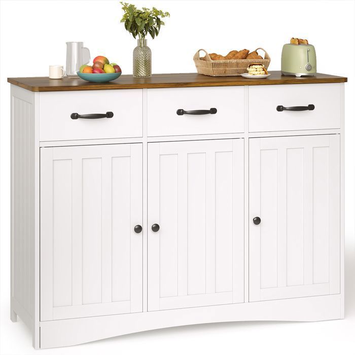 Buffet de Cuisine - Bealife - 3 Tiroirs - 3 Portes - 6 Niveaux - Salon - Meuble Bas Rangement - Plateau Marron - 108x40x80cm