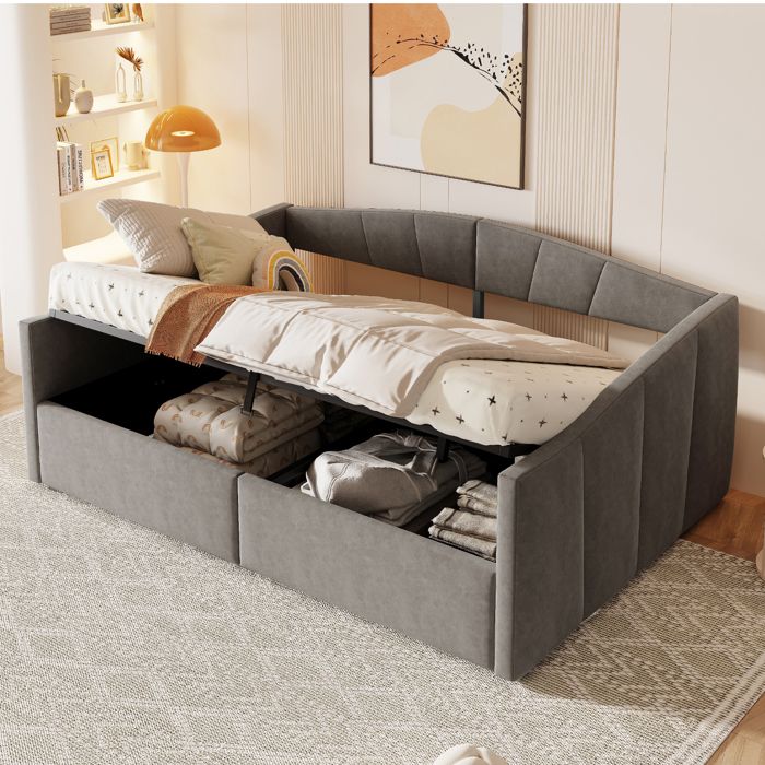 Canapé-lit - Capitonné 140x200cm - Rangement hydraulique - Velours gris - Sommier à lattes