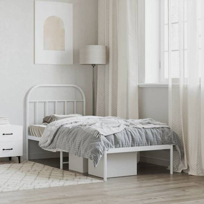 Cadre de lit simple en métal - MEUBLECHIC - 90x190 cm - Blanc - Acier robuste - Tête de lit incluse