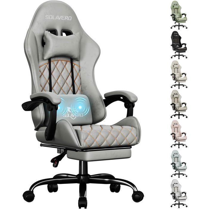 EcoFurnix - Chaise Gaming en Tissu Suédine - Support Lombaire Massante - Fauteuil Gamer Ergonomique - Tissu Respirant - Gris