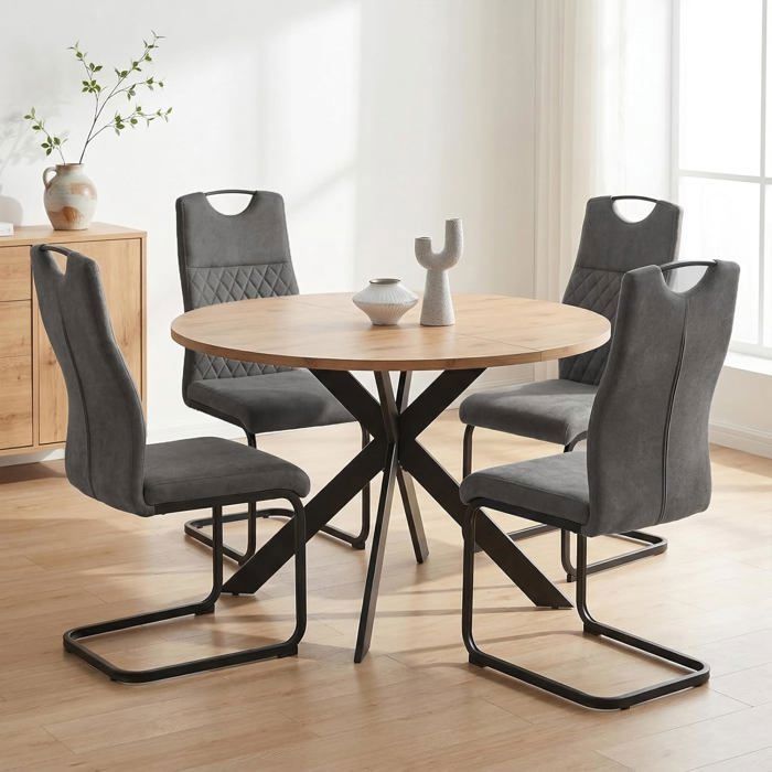 JIEXI Table de salle à manger ronde et 4 chaises plateau effet chêne avec pieds araignées noires