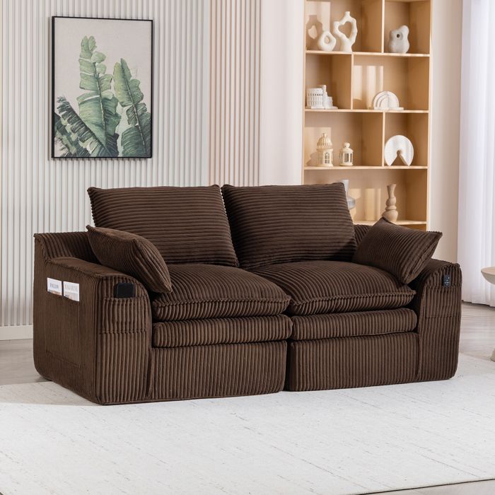 Canapé modulable deux places en velours côtelé avec coussins et poches latérales idéal pour le salon ou le bureau marron