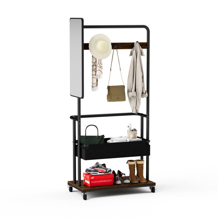 Vestiaire dentrée mobile 3-en-1 avec miroir latéral panier en tissu et étagère ouverte acier brun/noir