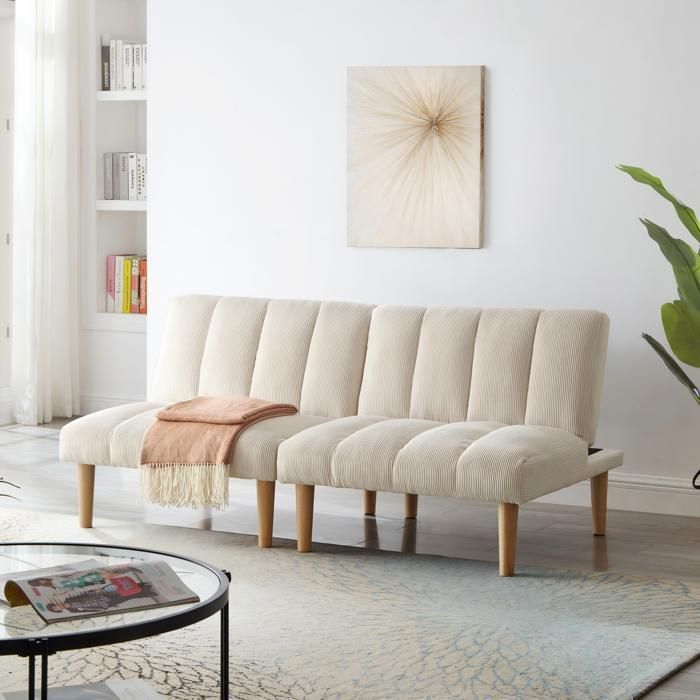 Canapé Convertible Beige en velours côtelé doux avec Pieds en Bois - Banquette Lit Dossier Réglable avec Mousse HD - 167x82x72cm
