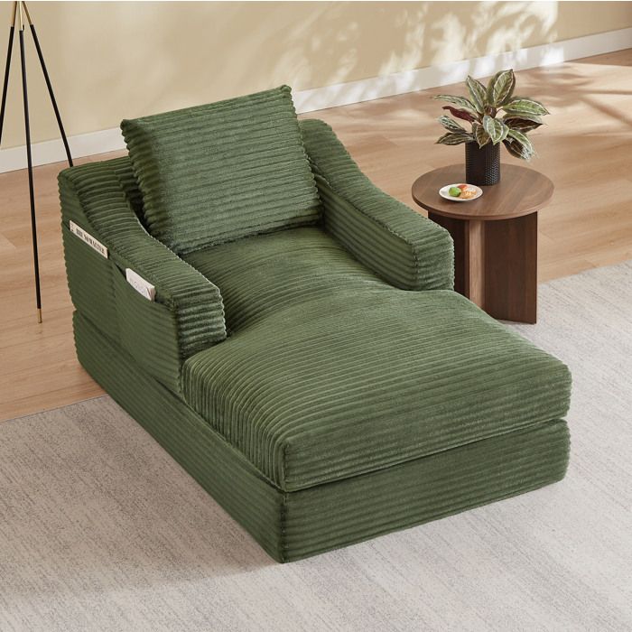 Fauteuil lounge convertible EVRYAE 1 place 100 x 162 x 68 cm velours côtelé vert salon chambre