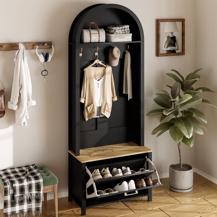 Meuble d’entrée Moderne Armoire Multifonctionnelle avec étagère à Chaussures étagère de Rangement et Crochets Pieds en Fer Noir