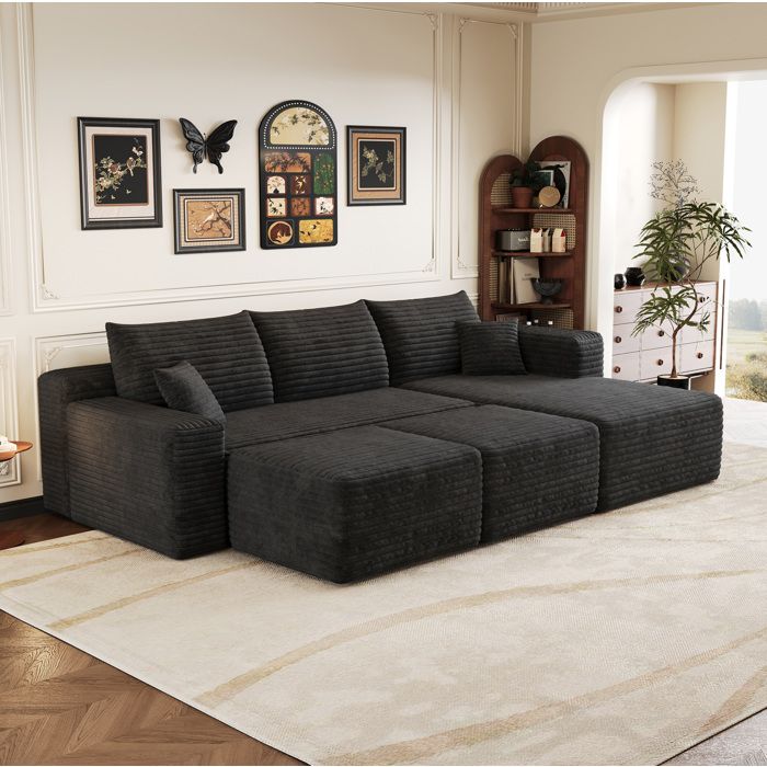 Canapé dangle modulable réversible 5 places en tissu corduroy noir 241 x 151 x 58 cm livré monté