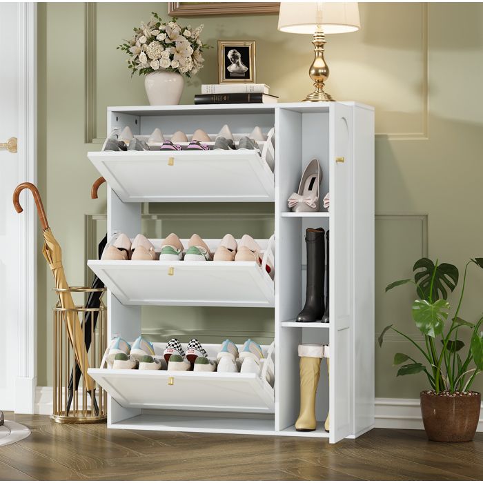 COVREO Meuble à chaussures 90 x 25 x 114 cm avec 3 abattants 1 porte latérale MDF et panneaux de particules blanc