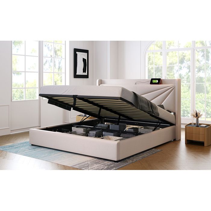 HOMVRA Lit coffre double 180 x 200 cm avec USB et Type-C tête de lit rembourrée beige