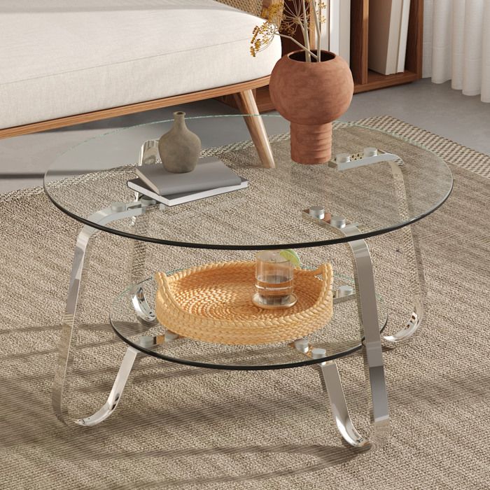 Table basse ronde à 2 étagères en verre trempé et métal argenté - MODENVIE - Style rétro minimaliste Salon 80×80×45 cm