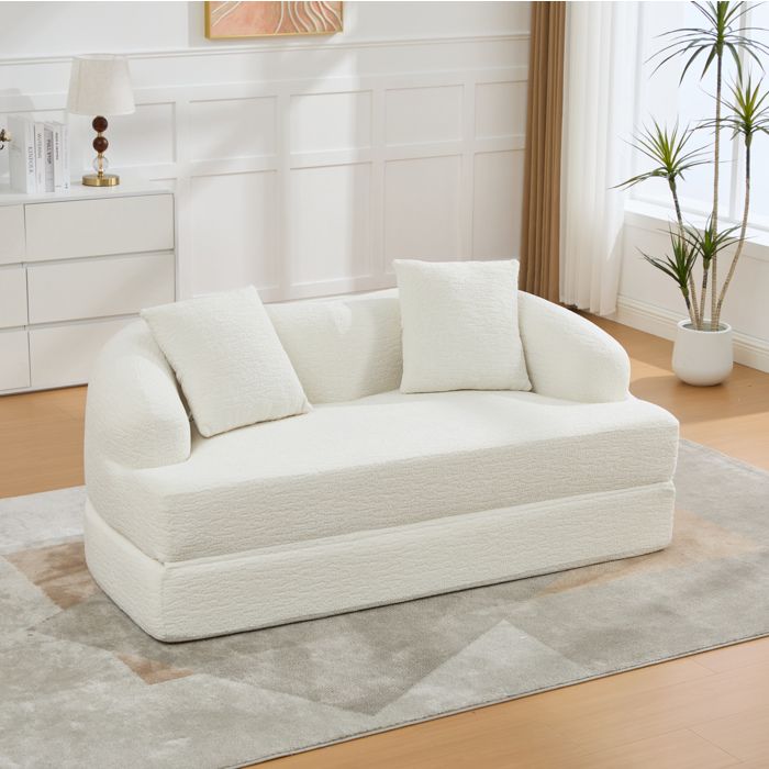 Canape Convertible 2 Places En Chenille Beige Sofa-Lit Moderne FloraGrace Pour Salon Ou Chambre D Amis Sans Montage 157x84x65cm