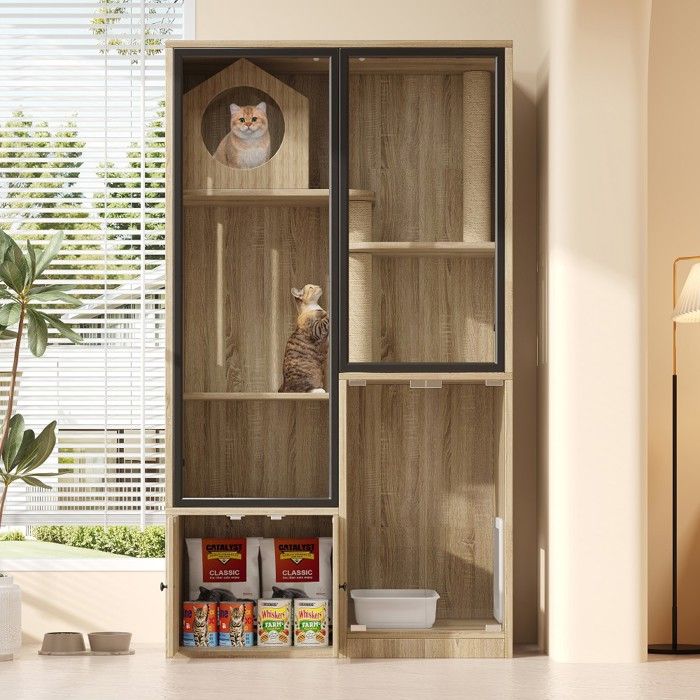 Maison enclos chat intérieur bois 90x50x160cm Naturel MDF escalade porte fermable habitat adapté chat chinchilla sans bac litière Maison enclos chat intérieur bois 90x50x160cm Naturel MDF escalade porte fermable habitat adapté chat chinchilla sans bac litière