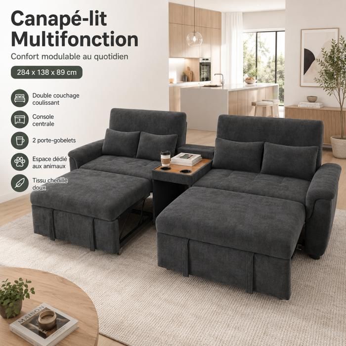 Canapé convertible en U 4 places 284x138x89cm Chenille Gris foncé 4 Coussins 2 Porte-gobelets Espace animal
