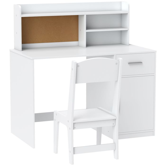 LIA Bureau enfant avec chaise table enfant et chaise tiroir placard compartiments ouverts tableau en liège blanc