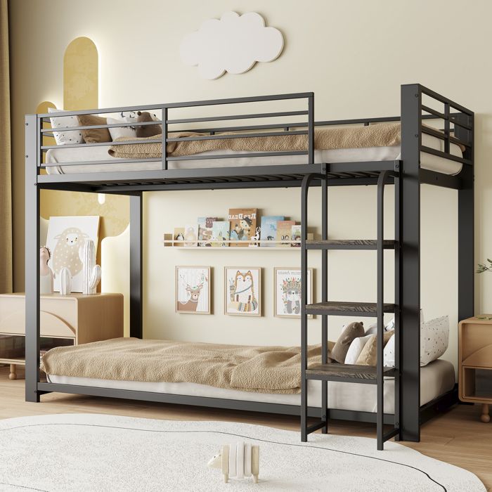 Lit superposé 90 × 200 cm avec escalier et étagères intégrées - style industriel moderne - métal et MDF - noir