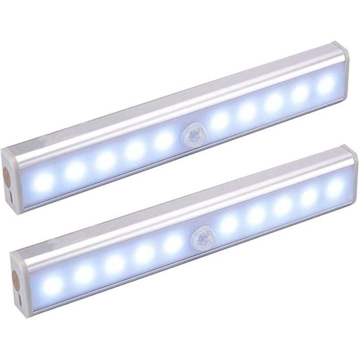Lot de 2 lampes de chevet en aluminium rechargeables par USB avec détecteur de mouvement veilleuse avec bande magnétique adhésive